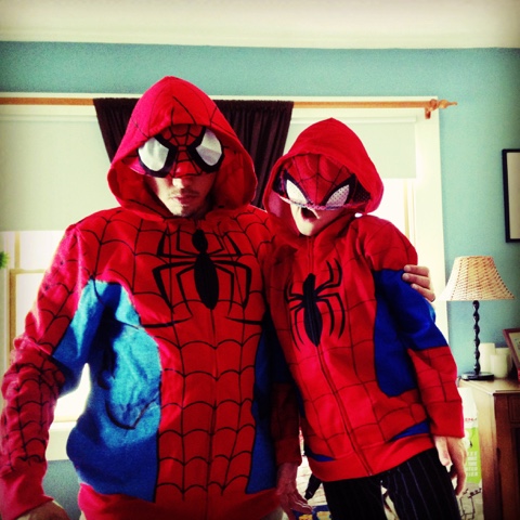 Evin and son dressed in Spiderman costumes
